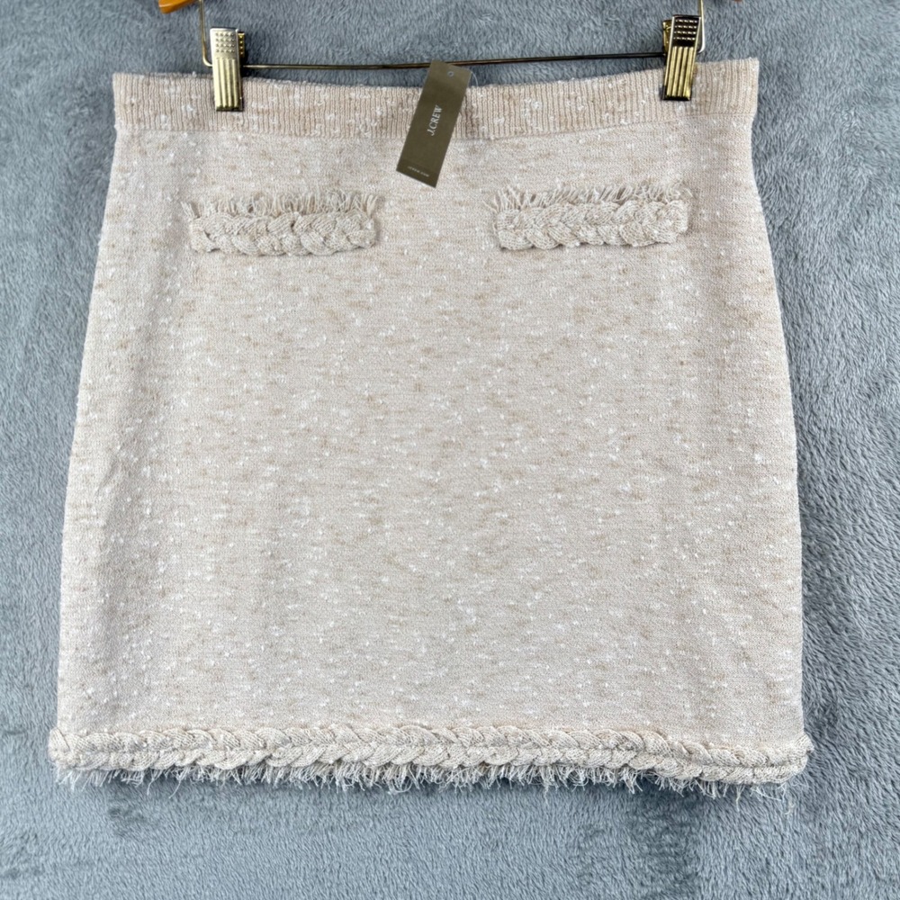 J.Crew Skirt Tweed Knit Womens M‎ Mini Frayed Hem Pockets Beige Career NWT